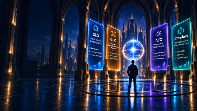 Cathedral illustration showing four diagnostic portals for SEO, GEO, AEO, and crawler access